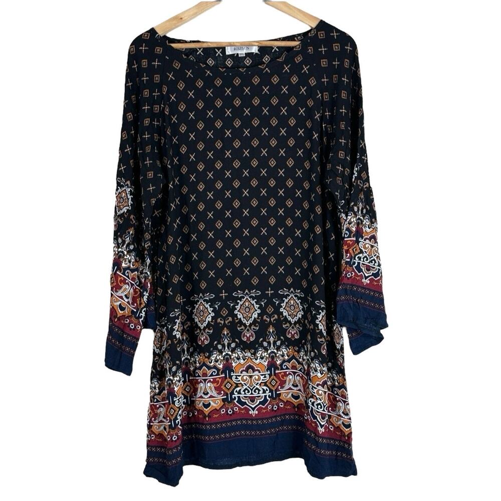 Risesun Tunic Top Womens XXL Black Geometric Pattern Boho 70s Hippie Earthy